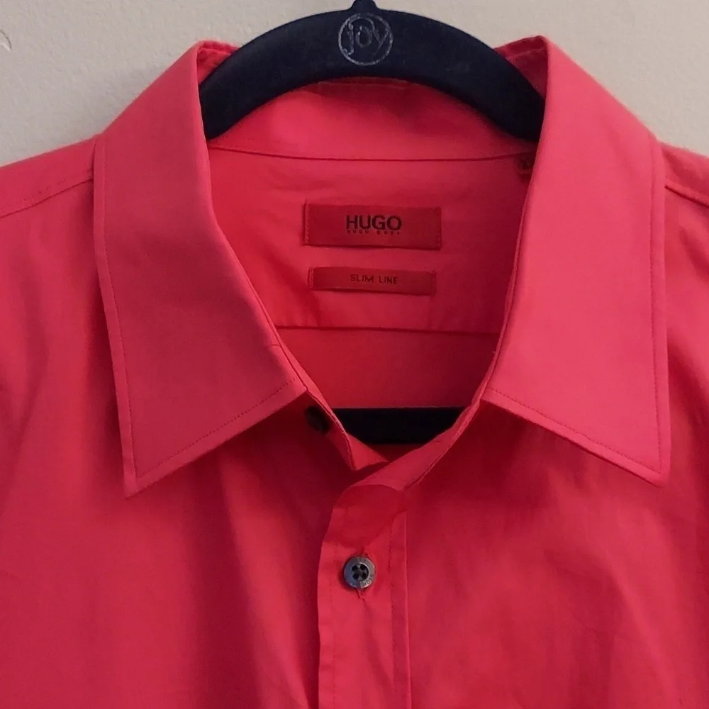 HUGO by Hugo Boss Slim Line Button Down Long Sleeve Coral Dress Shirt - Picture 4 of 12